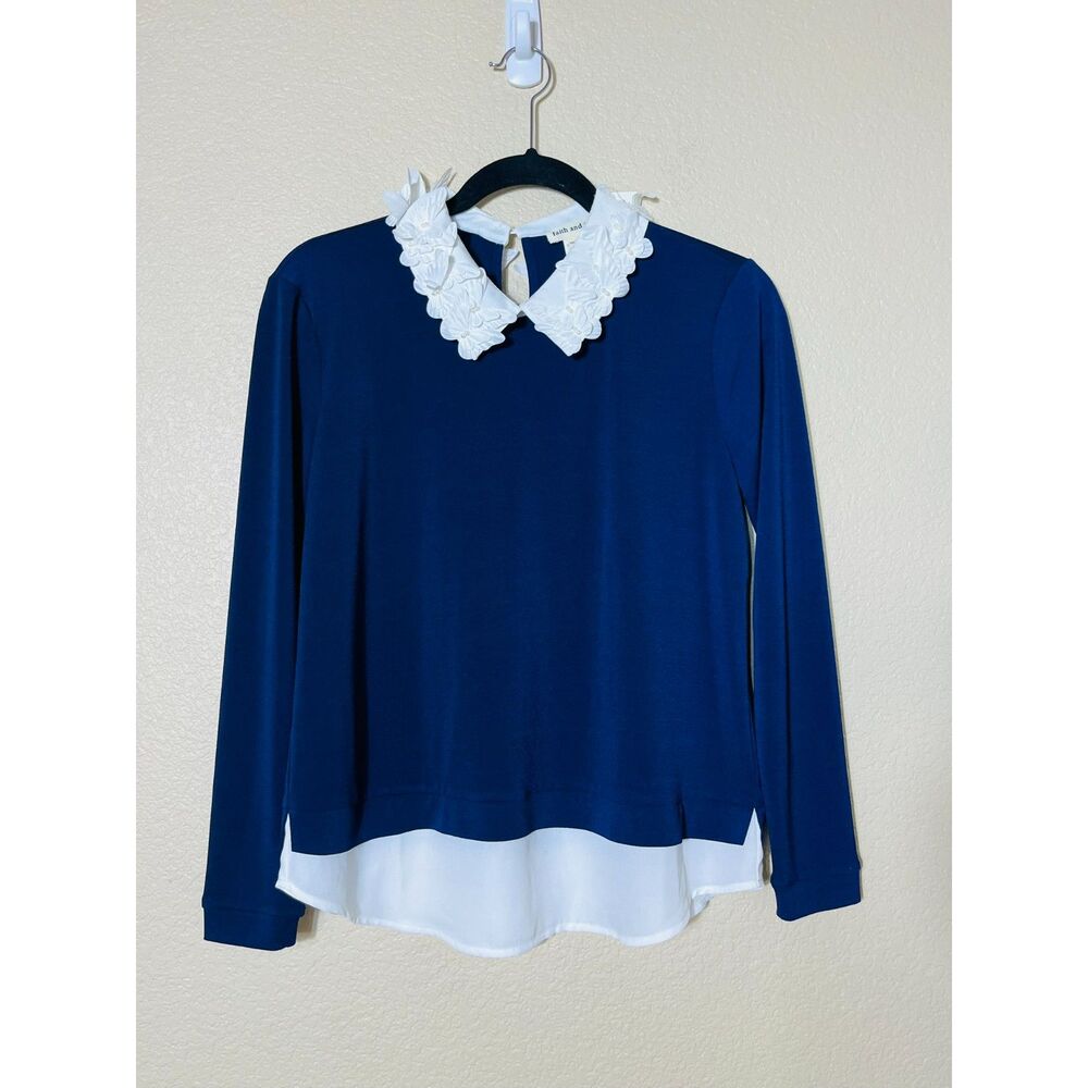 NWT Faith and Joy Navy White Butterfly Detail Collar Twee Cottage Blouse XS READ